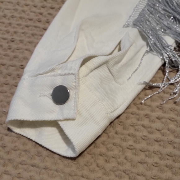 White and Silver Fringe Cropped Denim Jacket - Picture 9 of 11